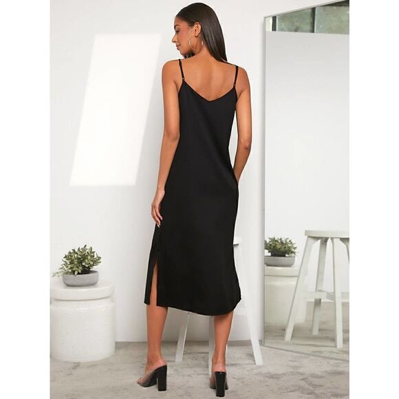 Minimalist Split hem Cami strap midi Dress black - Picture 2 of 11